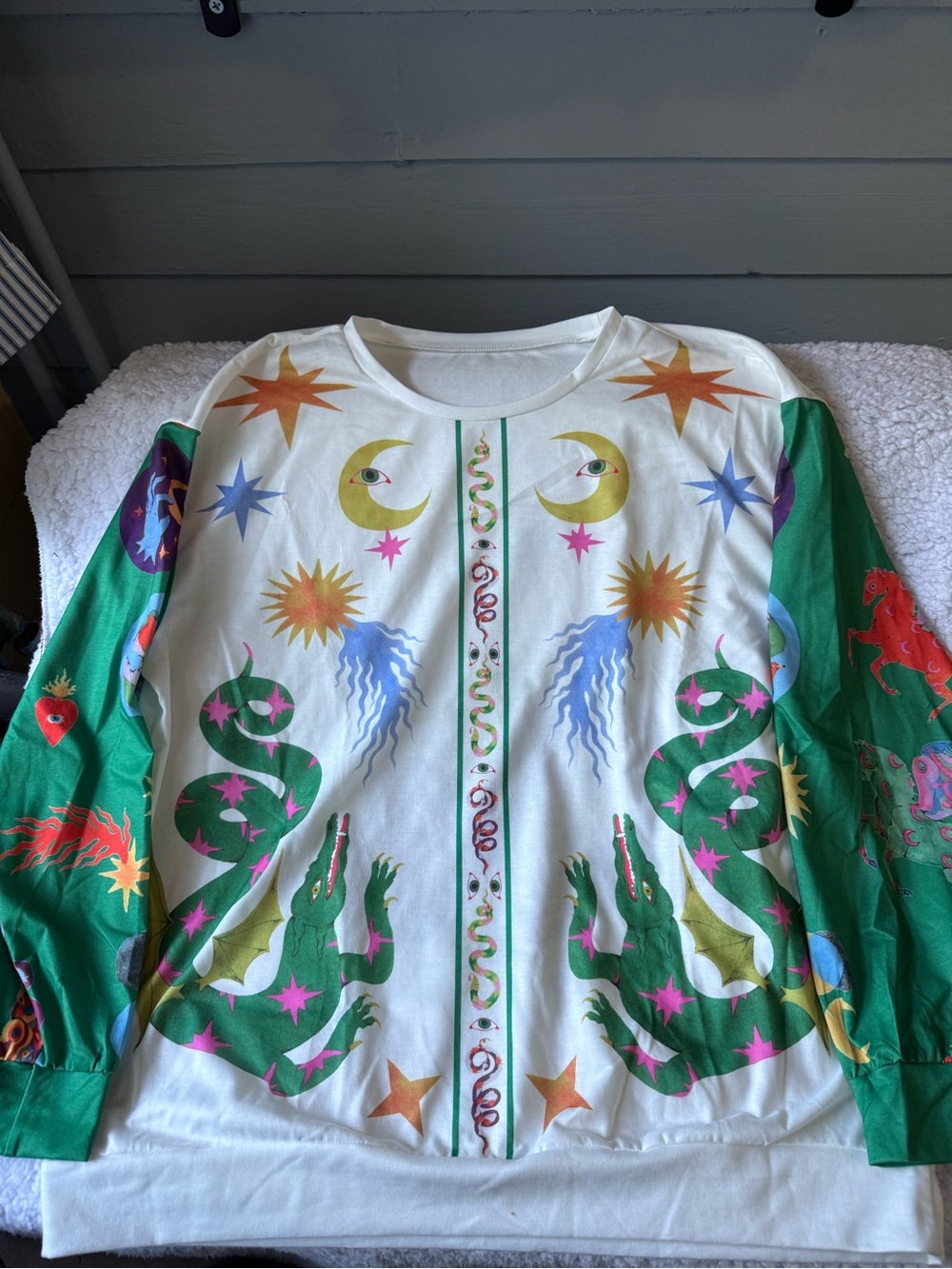 Long Sleeve Top with Mystical Green Dragon & Celestial Themed Print